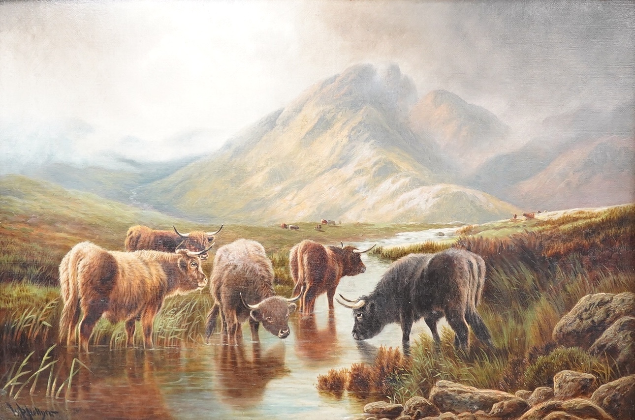 William Perring Hollyer (1834-1922), Highland cattle grazing before mountains, signed, oil on canvas, 40 x 59cm
